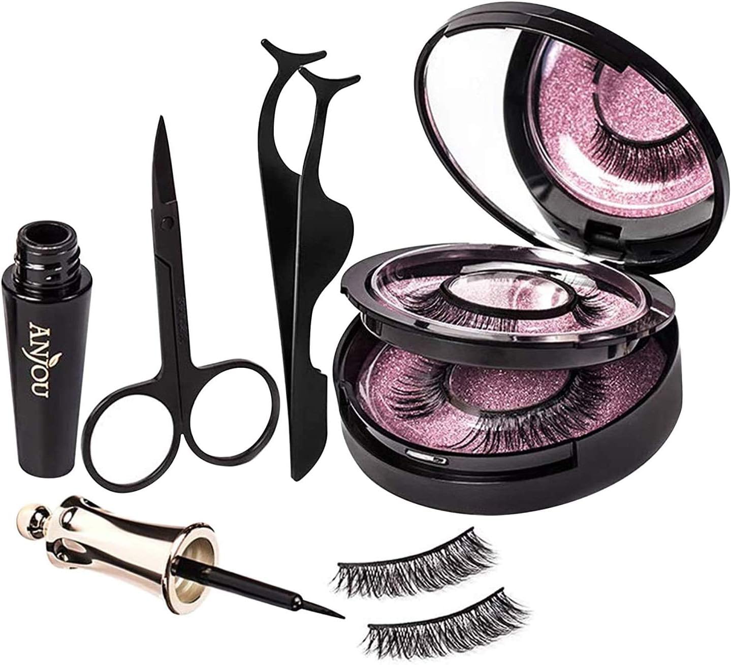 Anjou Magnetic Eyelashes and Eyeliner, 3-Pair Reusable Lashes No Glue Needed with Storage Case, [Upgraded] Regular Wispies & Demi Wispies with Scissors Tweezers for Natural Look/Wedding/Party