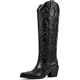 wetkiss Cowboy Boots for Women Knee High Cowgirl Boots, Western Boots with Floral Embroidered Pointed Toe Chunky Heel Pull On Retro Vintage Classic Tall Boots for Ladies