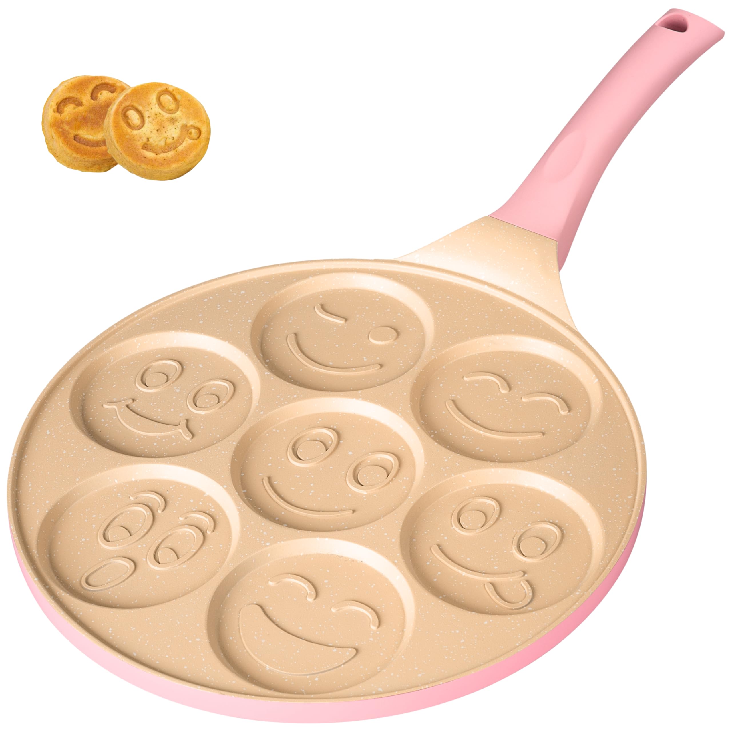 Erreke Pancake Pan, Crepe Pan, 7 Mini Pancakes Simultaneously, Double Non Stick Layer, All Types of Kitchens and Induction Hobs, Fun Design for Kids and Cooking, Soft Touch Handle, 26 cm, Pink