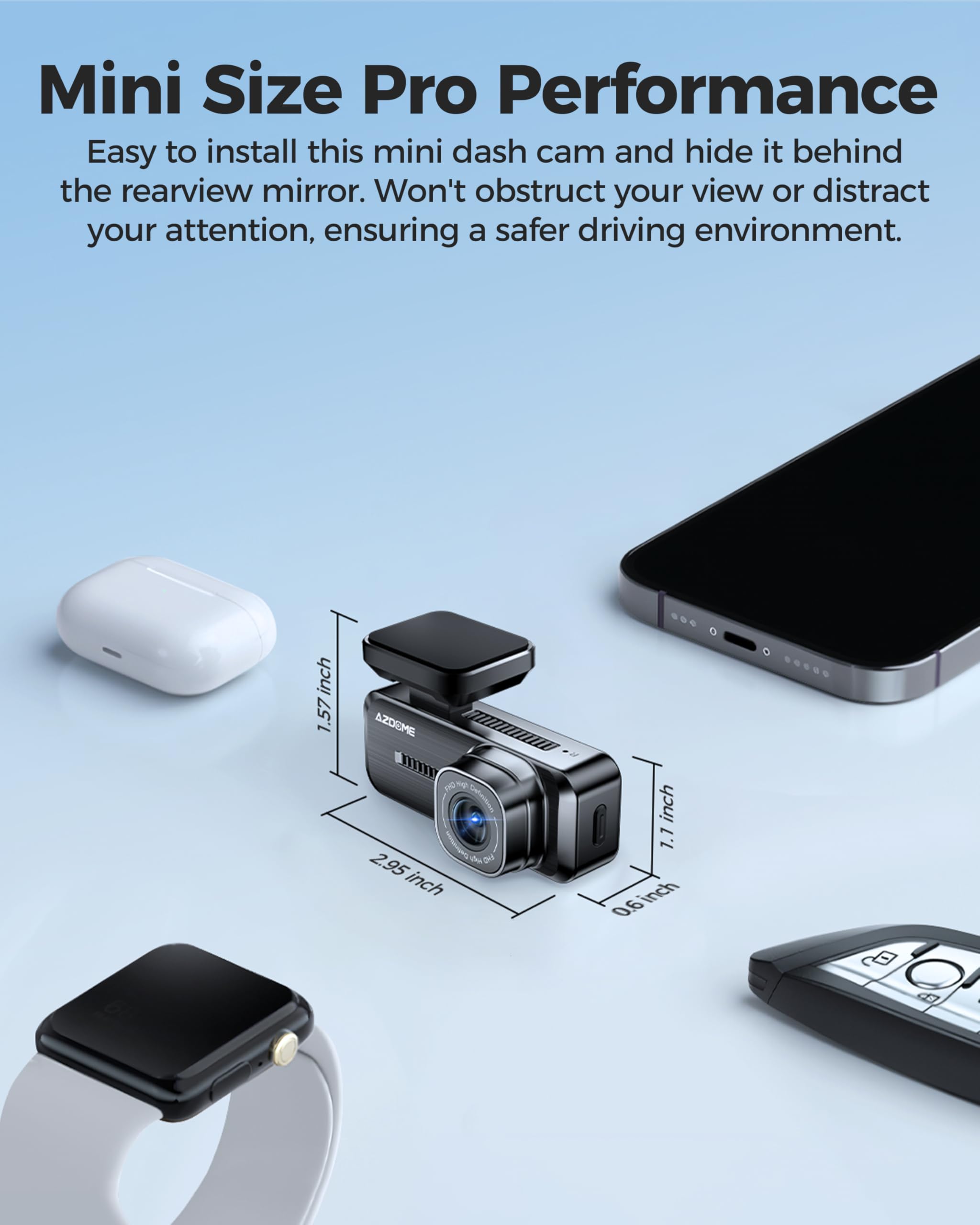 Azdome M200 Mini Dash Cam WiFi Dashcam, 1080P Front Dash Camera for Cars, Hidden Car Camera with 24H Parking Mode G-Sensor Night Vision, AZDOME APP, Loop Recording, Support 128GB Max, Easy to Install