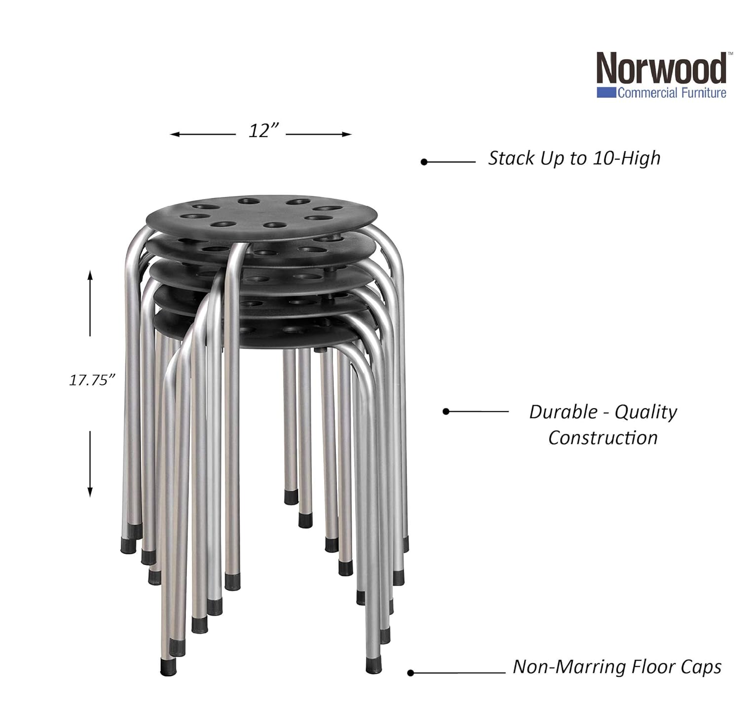 Norwood Commercial Furniture Black & Silver Stacking Stool Set - Stackable Nesting Stools/Chairs for Kids and Adults - Flexible Seating for Home, Office, Classrooms - Plastic/Metal 17.75" (Pack of 5): Industrial & Scientific