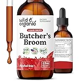 Wild & Organic Butchers Broom Root Drops - Liquid Supplement for Leg Support - Alcohol Free Butcher's Broom Tincture - Ruscus Aculeatus Herb - Vegan, Non-GMO, No Sugar - 2 fl oz