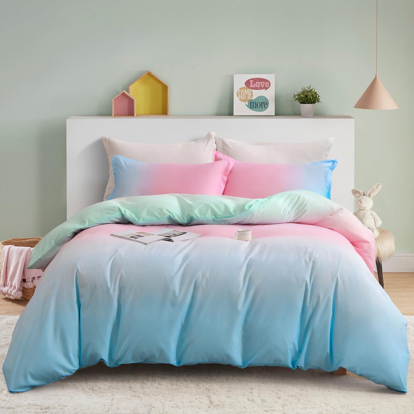 Guchuang Bedding King Size Ombre Rainbow Duvet Cover Blue and Pink Girls Bedding Set Soft Brushed Microfiber Quilt Cover for Kids Girls Teens Adults with 2 Pillowcases Zipper Closure 220x230cm