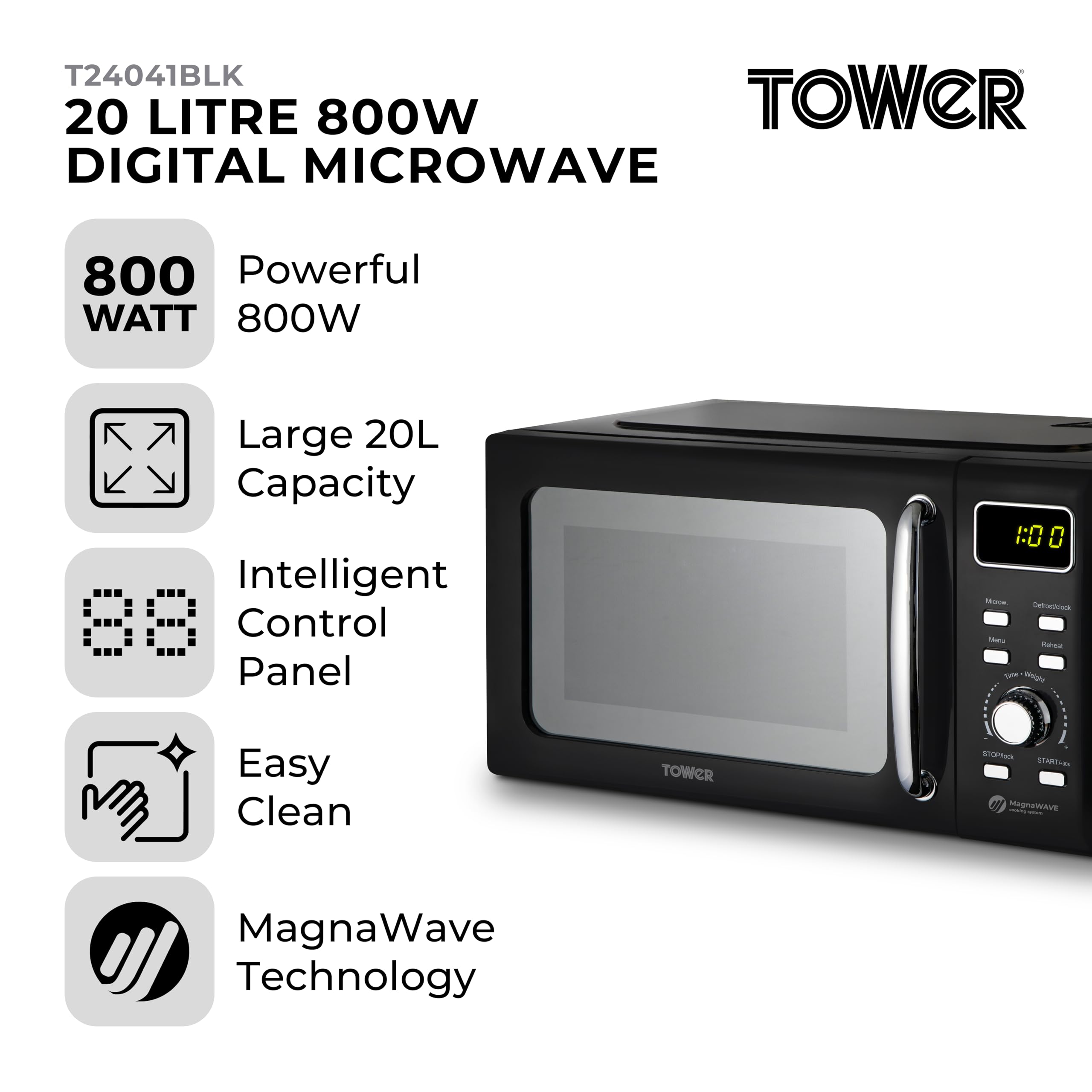 Tower T24041BLK Digital Microwave with Sleek Mirror Door, 800W, 20L, Black & Chrome