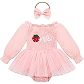 IDOPIP Strawberry Butterfly 1st Birthday Outfit for Baby Girls Embroidery One Romper Smocked Tutu Dress with Headband Clothes