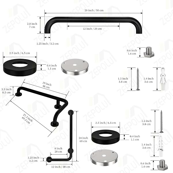 BLACK L-SHAPED GRAB BAR 12X24 INCH + KNURLED SHOWER GRAB RAIL 20 INCH, ZEPOLU STAINLESS STEEL TOILET SAFETY BAR 90 DEGREE, ANGLED BALANCE SUPPORT ASSIST BAR FOR ELDERLY, BATHROOM MOBILITY AID HANDRAIL