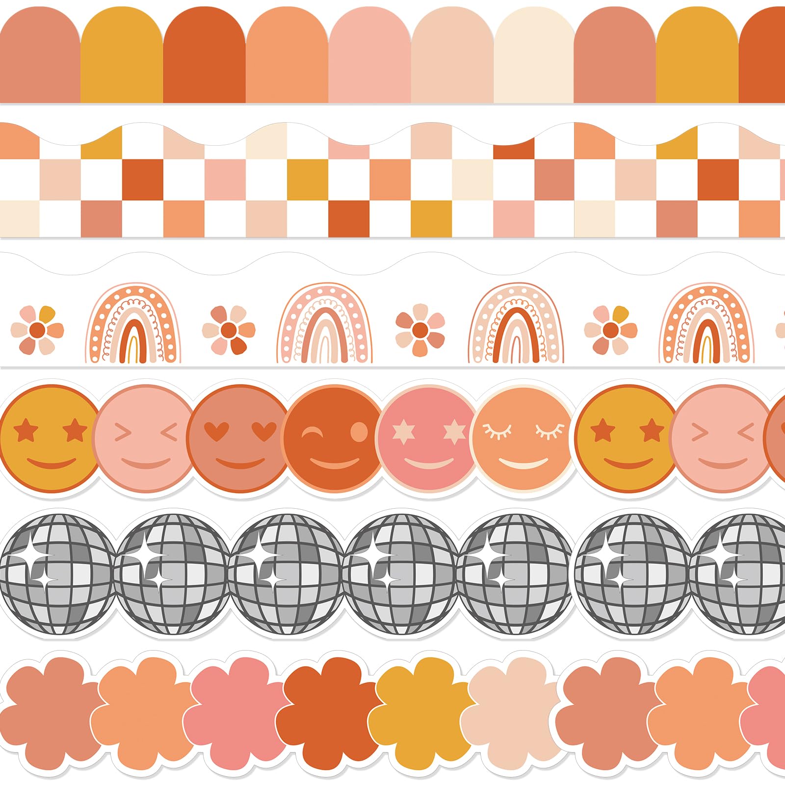 Photo 1 of Fuutreo 96 Pcs Bulletin Board Borders 94. 5 ft Colorful Boho Classroom Border Trims Stickers Scalloped Die-Cut Rolled Bulletin Border Decor for School Classroom Chalkboard Office(Retro Style)