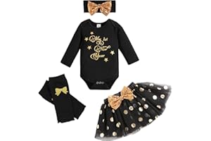 PERDECA Newborn Baby Girl My First New Year Outfit Long Sleeve Romper Tutu Skirt with Headband and Leggings 4Pcs Clothes Sets