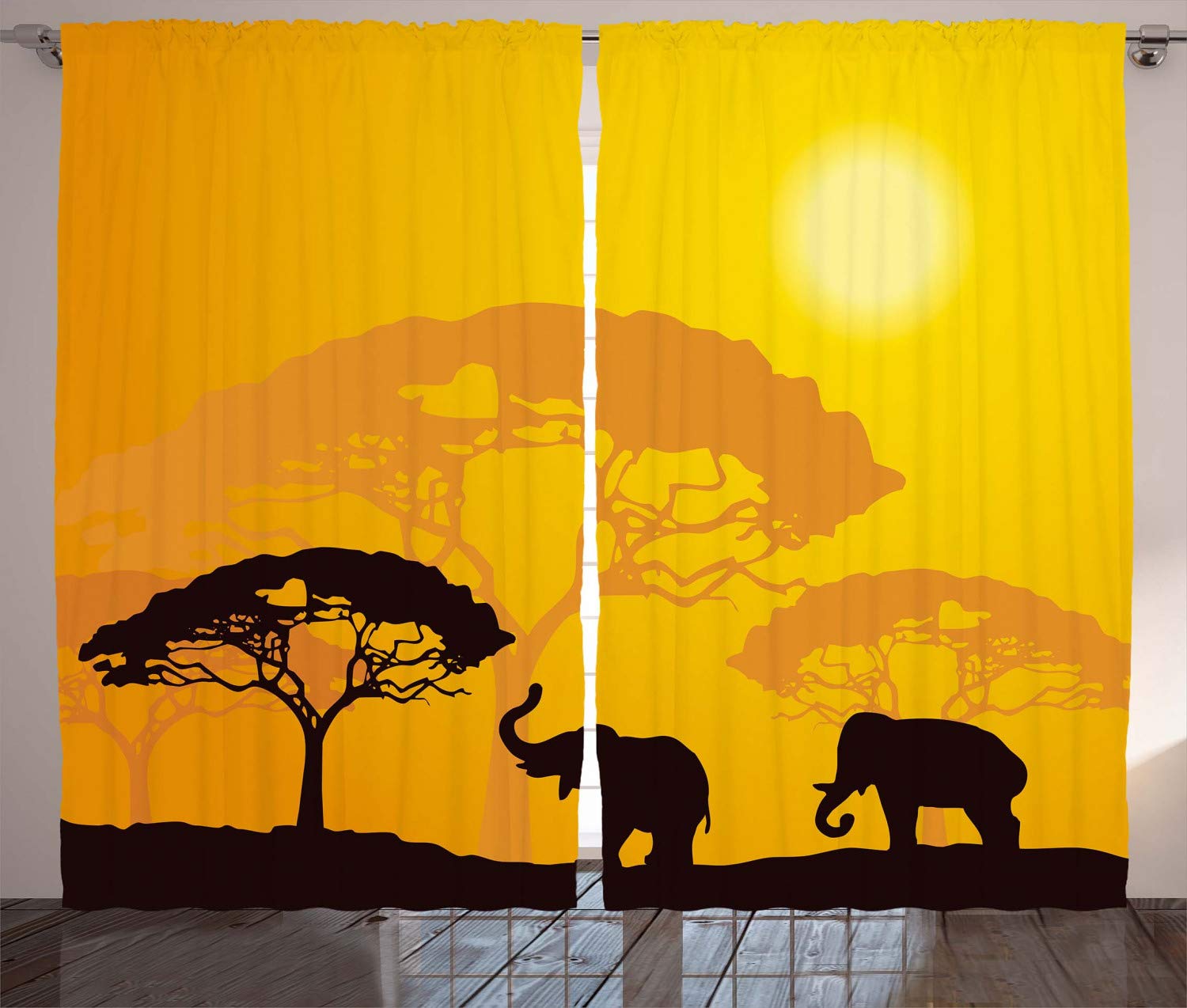 ABAKUHAUS Safari Curtains, Wildlife Animals Elephants Sun Beams Trees Print Art, Living Room Bedroom Window Drapes 2 Panel Set, 89 L X 110 W, Earth Yellow Marigold Dark Brown