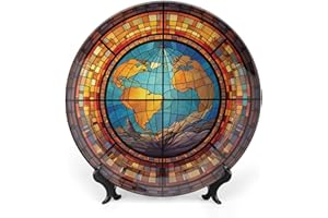 Gokays Decorative Plates, Retro World Map Watercolor Stained Glass Design Display Plate for Home Office Kitchen Table Decor Porcelain Plates 10 Inch, Gifts for Adventure Lover Wanderlust