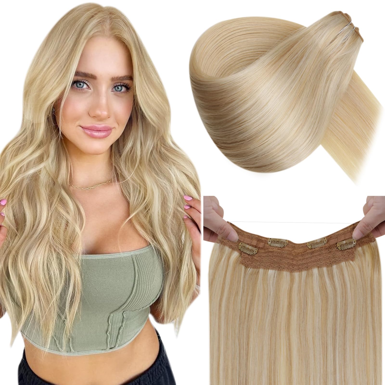 LaaVoo Human Hair Extensions Highlight Dark Blonde & Platinum Blonde Real Remy Hair Invisible Wire Undetectable 100% Real Straight Hair Extensions Long-Lasting 80g 12 Inch #12/24