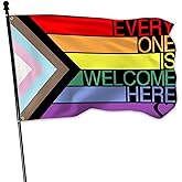 Everyone Is Welcome Here Flag 3x5 Ft Outdoor Progress Pride Flag Polyester Double Sided LGBTQ Pansexual Rainbow Flags for Indoor House Yard Outside Banner Decor
