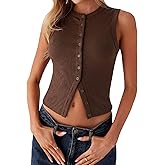 Faretumiya Women Button Down Tank Top Ribbed Summer Vest Tops Slim Fit Open Front Sleeveless Crop Shirt