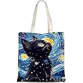 ATHAND Starry Night Black Cat Canvas Tote Bag with Zipper Inner Pocket,Reusable Shopping Beach Travel Grocery Bag for Women