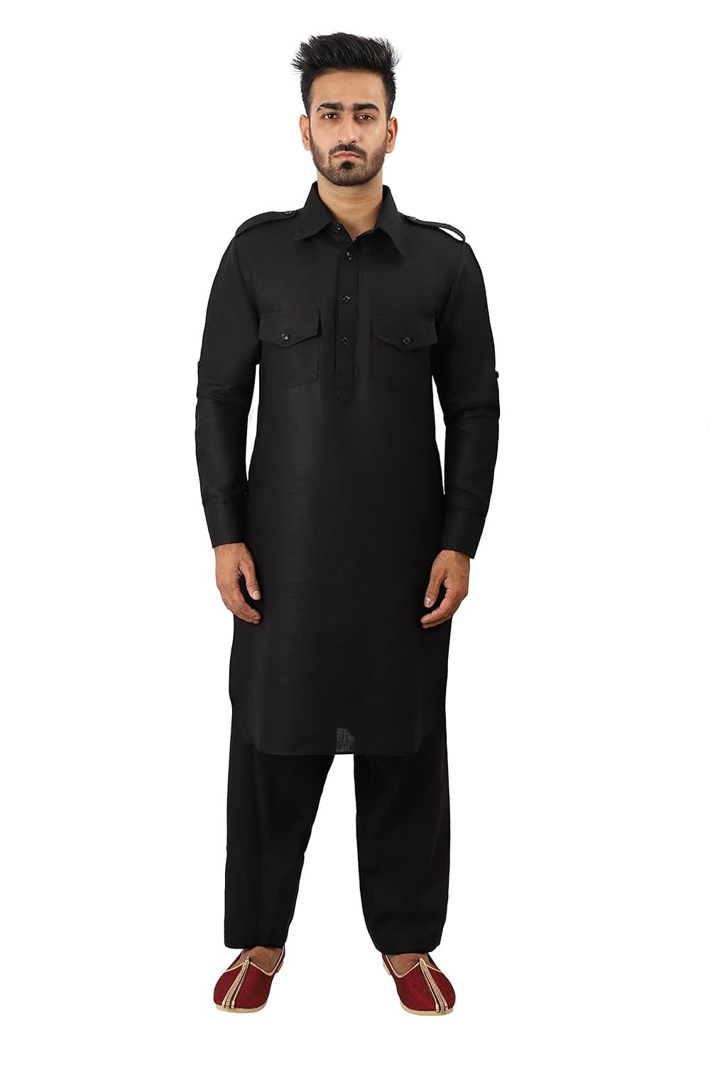 thaath men's black pathani kurta pyjama set