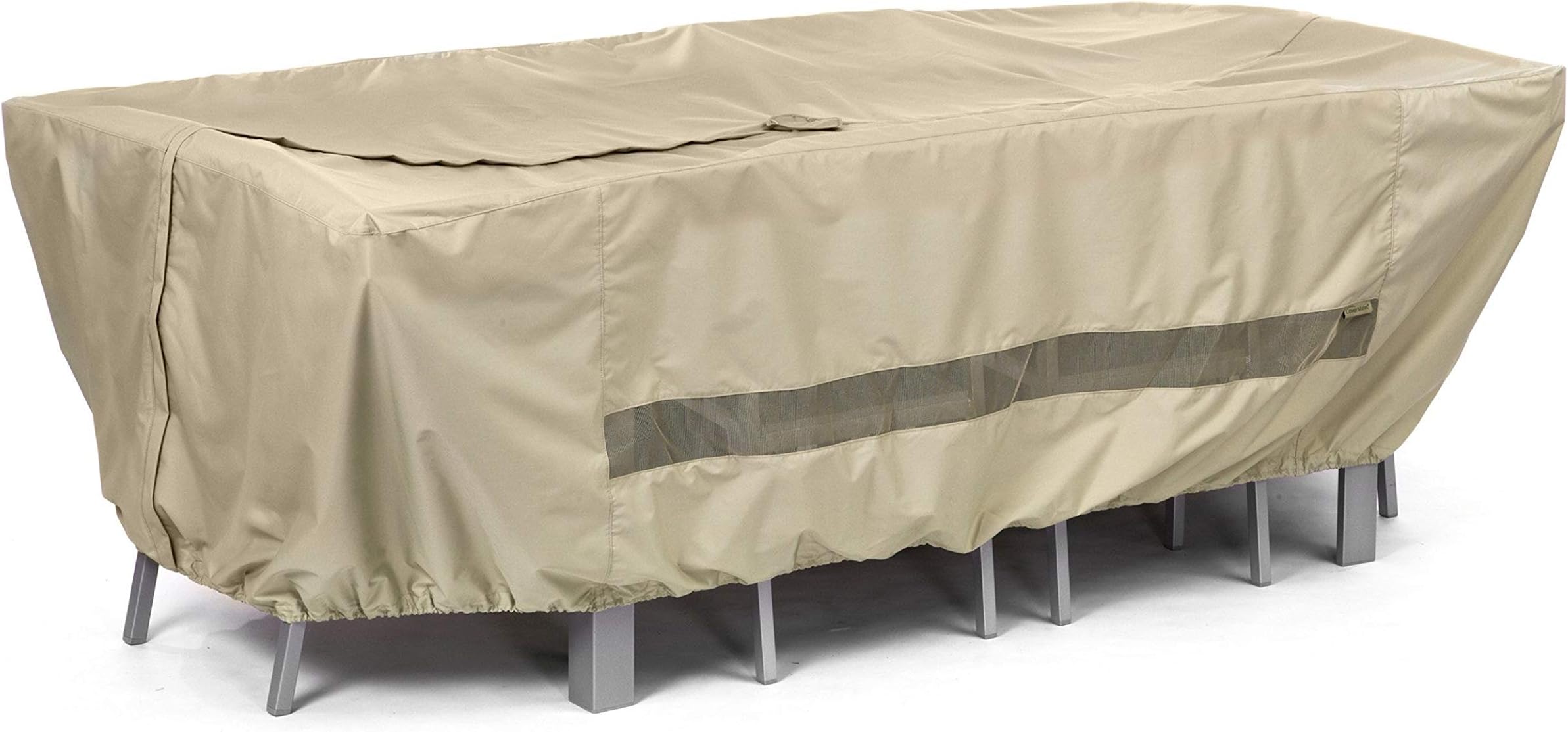 Covermates Rectangular Dining Table/Chair Set Cover - Water-Resistant Polyester, Mesh Ventilation, Center Hole for Umbrella, Patio Table Covers-Khaki
