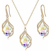 EVEVIC Austrian Crystals Teardrop Hollow Twisted Pendant Necklace Earrings for Women 14K Gold Plated Halo Drop Dangle Earrings Hypoallergenic Jewelry Set