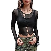 WDIRARA Women's Lettuce Trim Blouse Contrast Mesh Top Long Sleeve Round Neck Tee