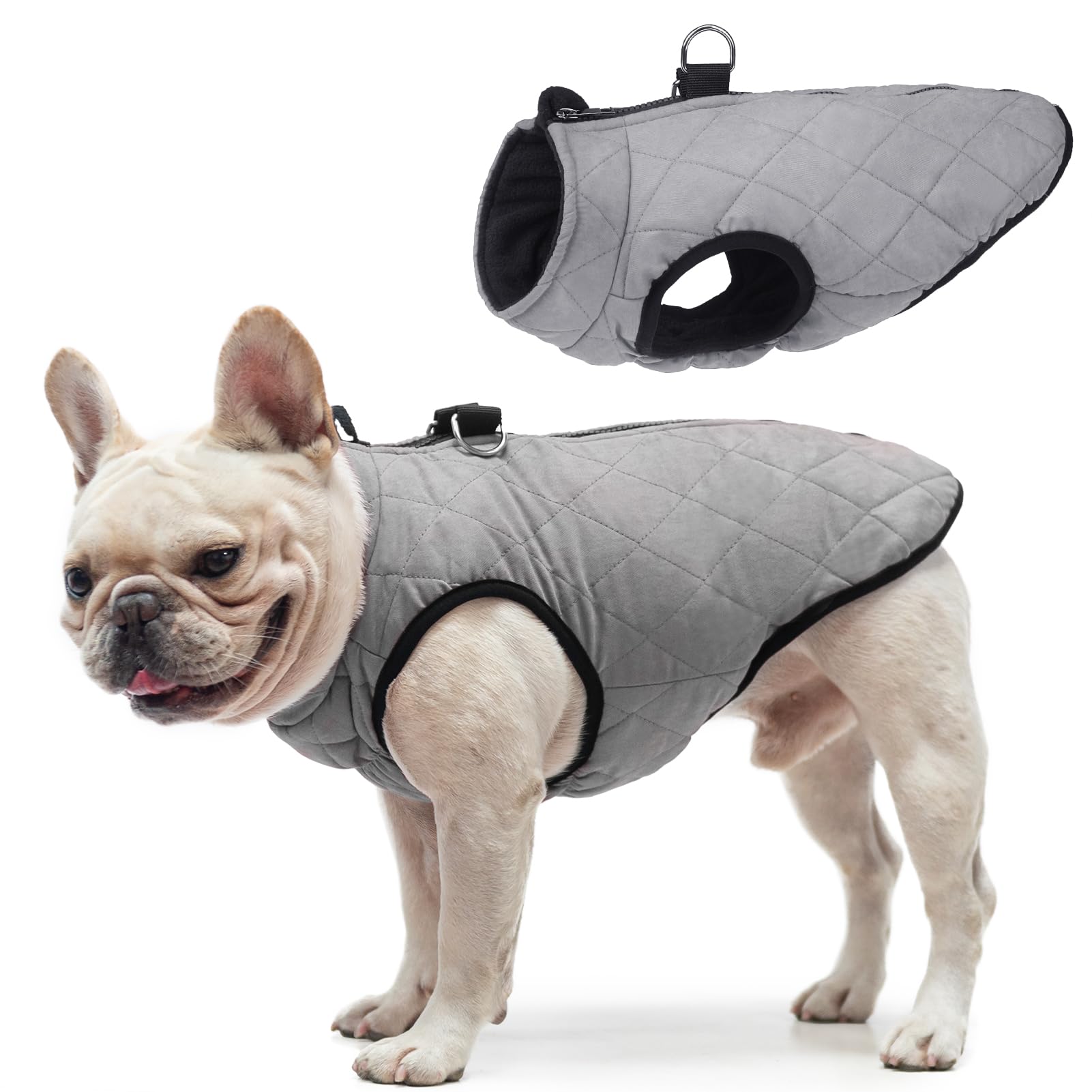 SCENEREAL Winter Dog Vest Coat with Harness Built In, Warm Puppy Jacket for Small Medium Dogs, Cold Weather Coats with Zipper, Fleece Puffer Vest Windproof Snow Clothes, Gray L