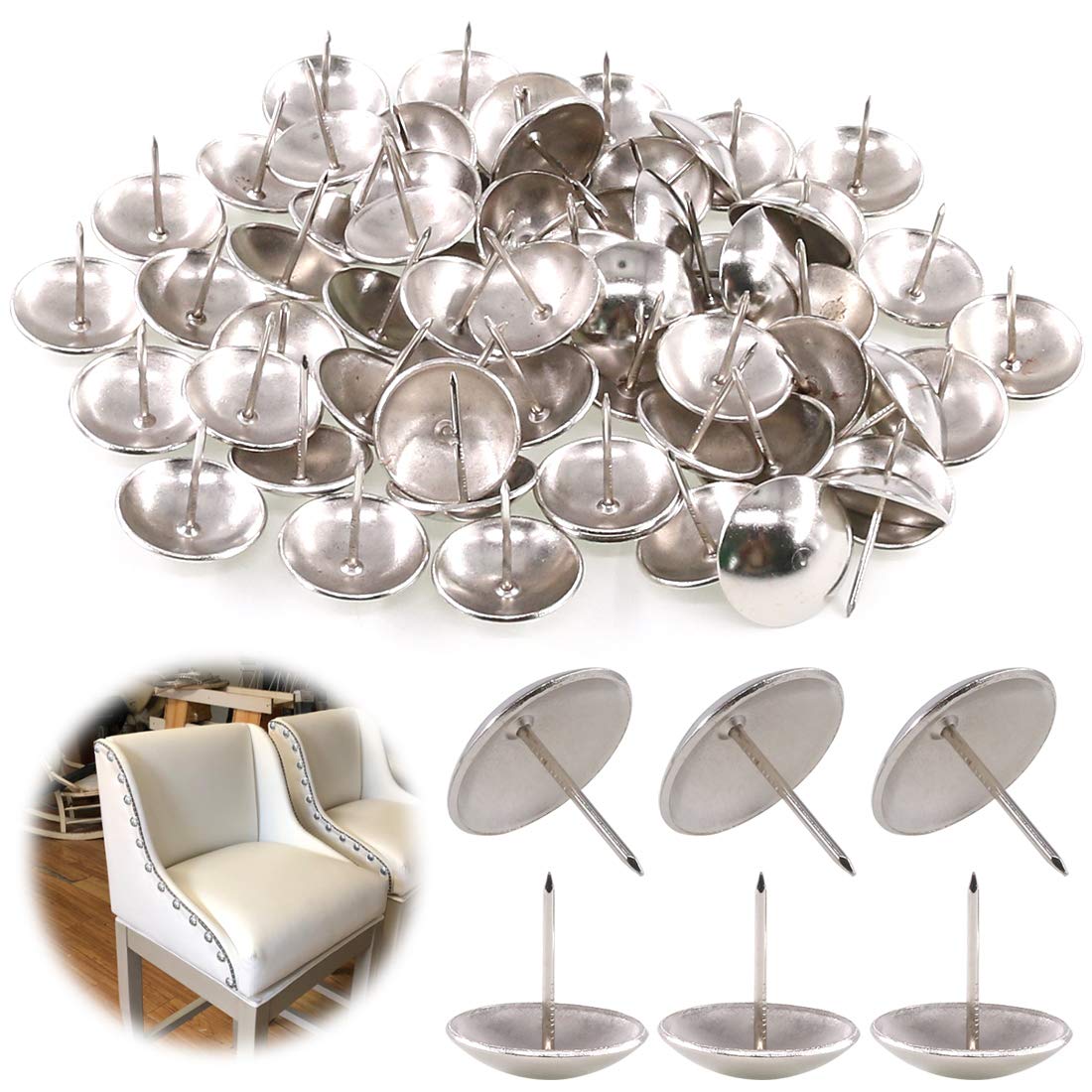 Keadic 60Pcs 1-3/16" (30mm) Antique Upholstery Tacks Furniture Nails Pins Assortment Kit for Upholstered Furniture Cork Board or DIY Projects - Silver