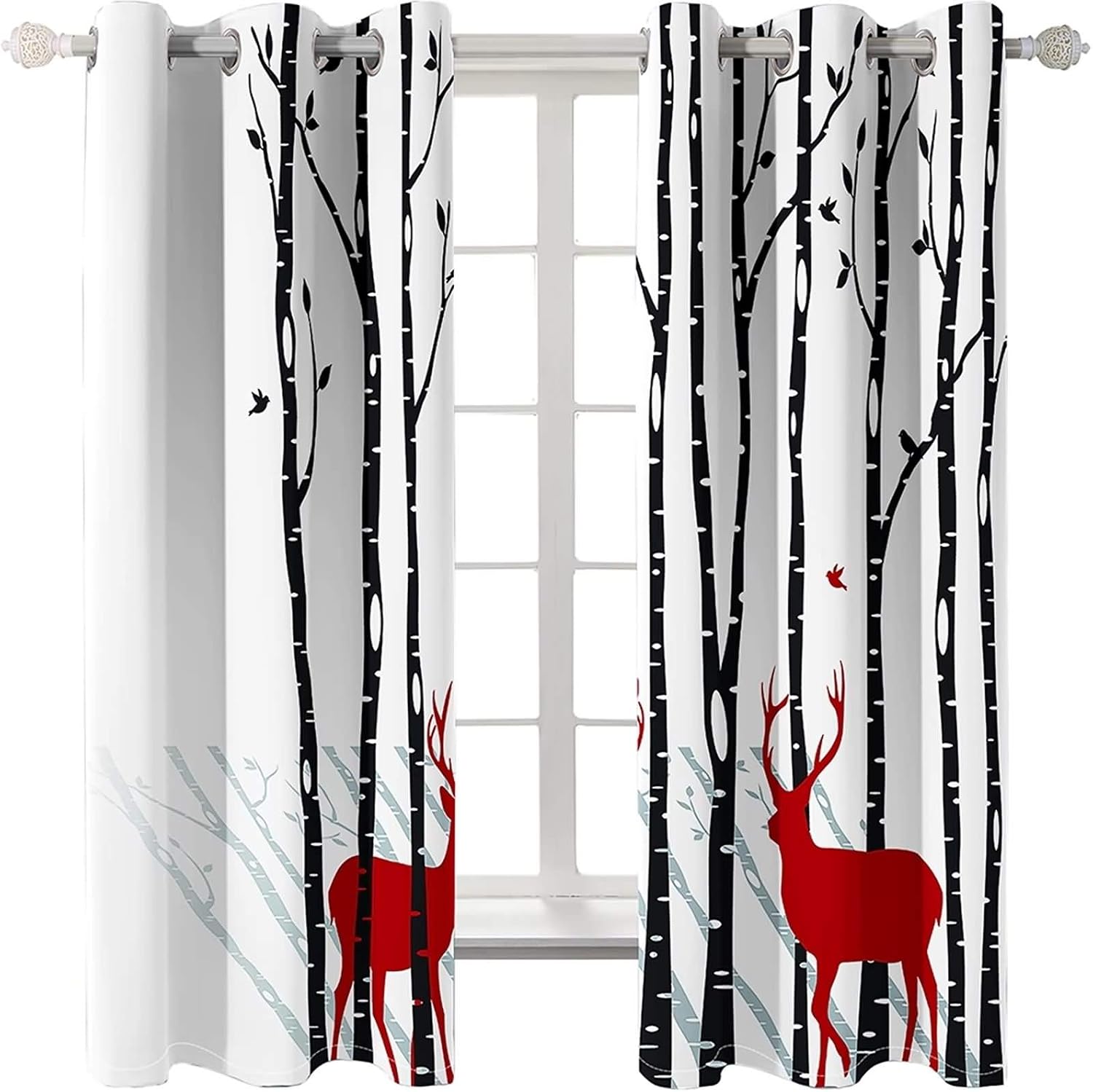 Lot De 2 Rideaux Oeillet Occultants 264x244cm - Motif Branches Arbres Feuilles Oiseaux, Noir Blanc Rouge Jaune