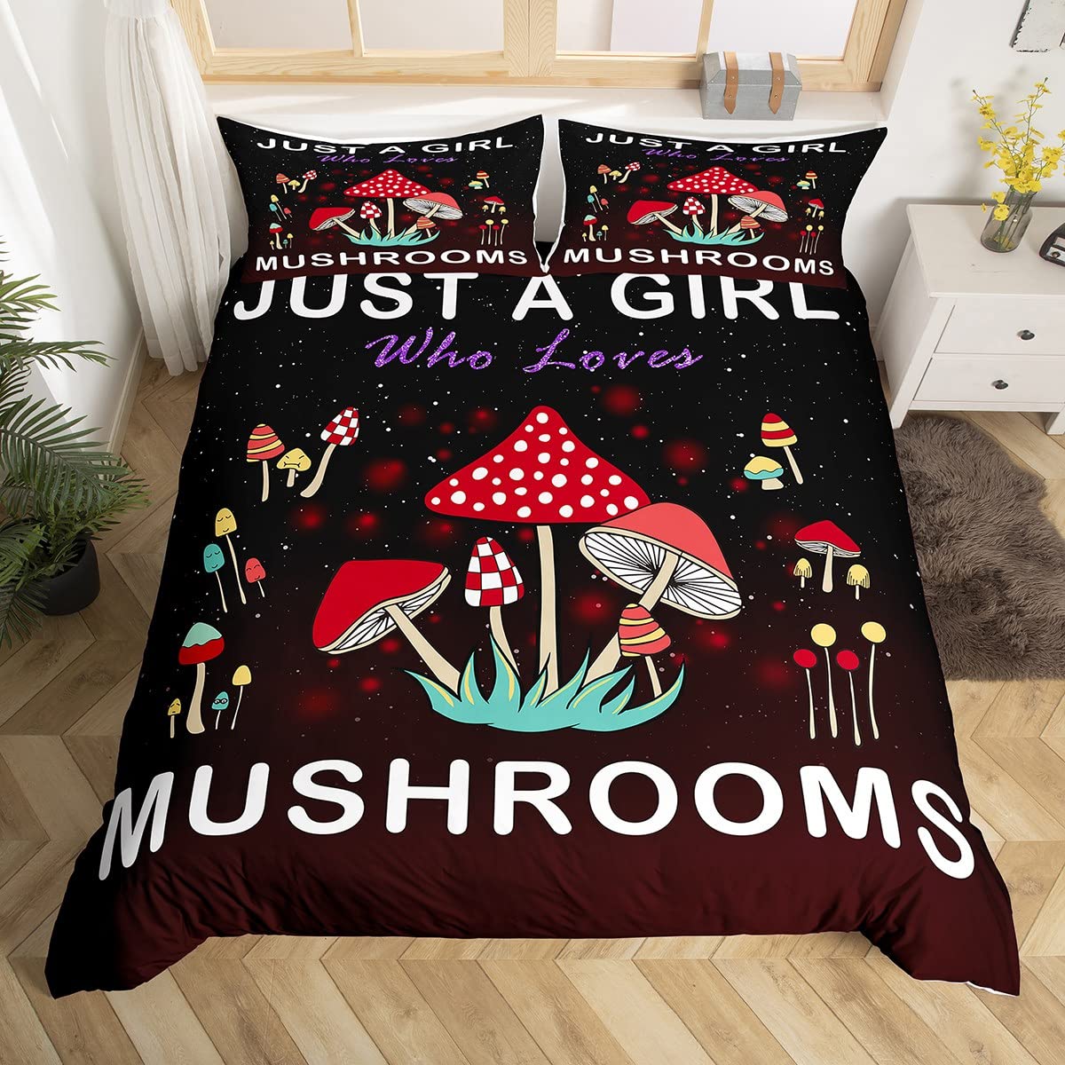 Mushrooms Bedding Set for Kids Boys Girls Galaxy Mushroom Comforter Cover Set Universe Botanical Plants Duvet Cover Bedroom Red Black Bedspread Cover Double Size 3Pcs