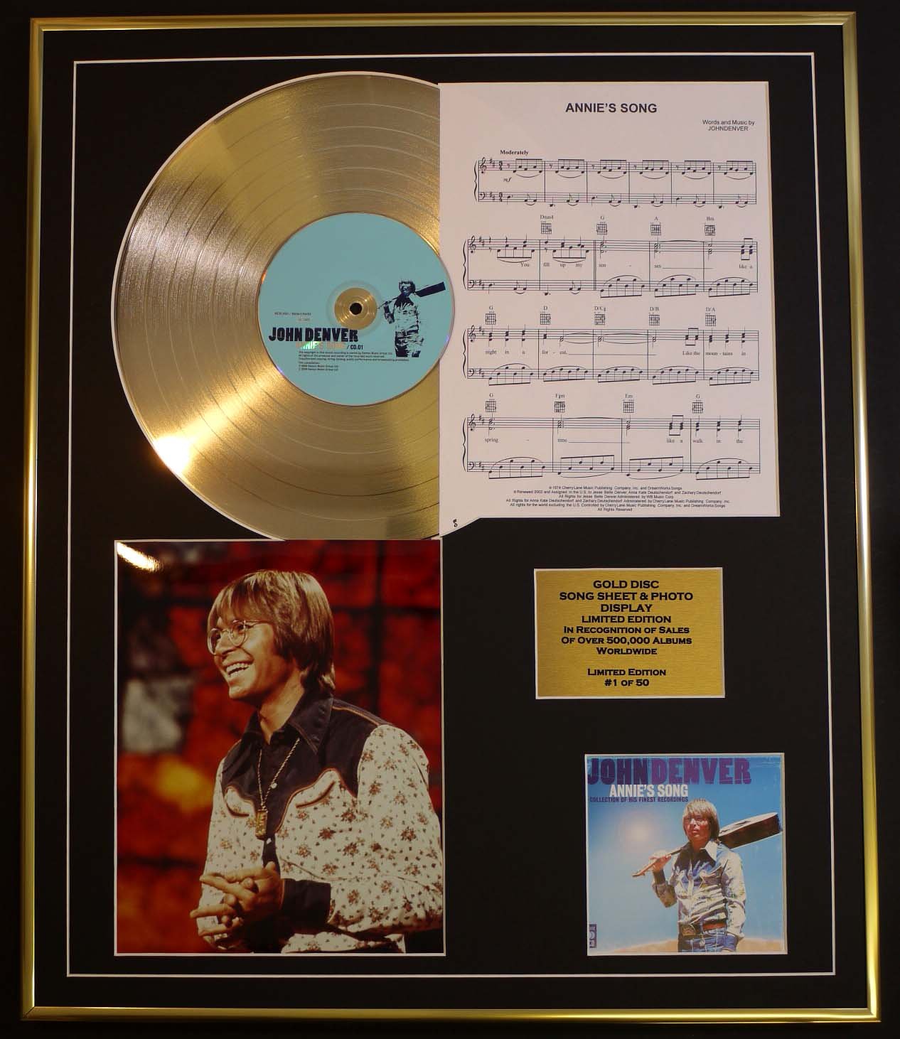 JOHN DENVER/CD GOLD DISC, SONG SHEET & PHOTO DISPLAY/LTD. EDITION/COA/ALBUM, ANNIE'S SONGS/SONG SHEET, ANNIE'S SONGS
