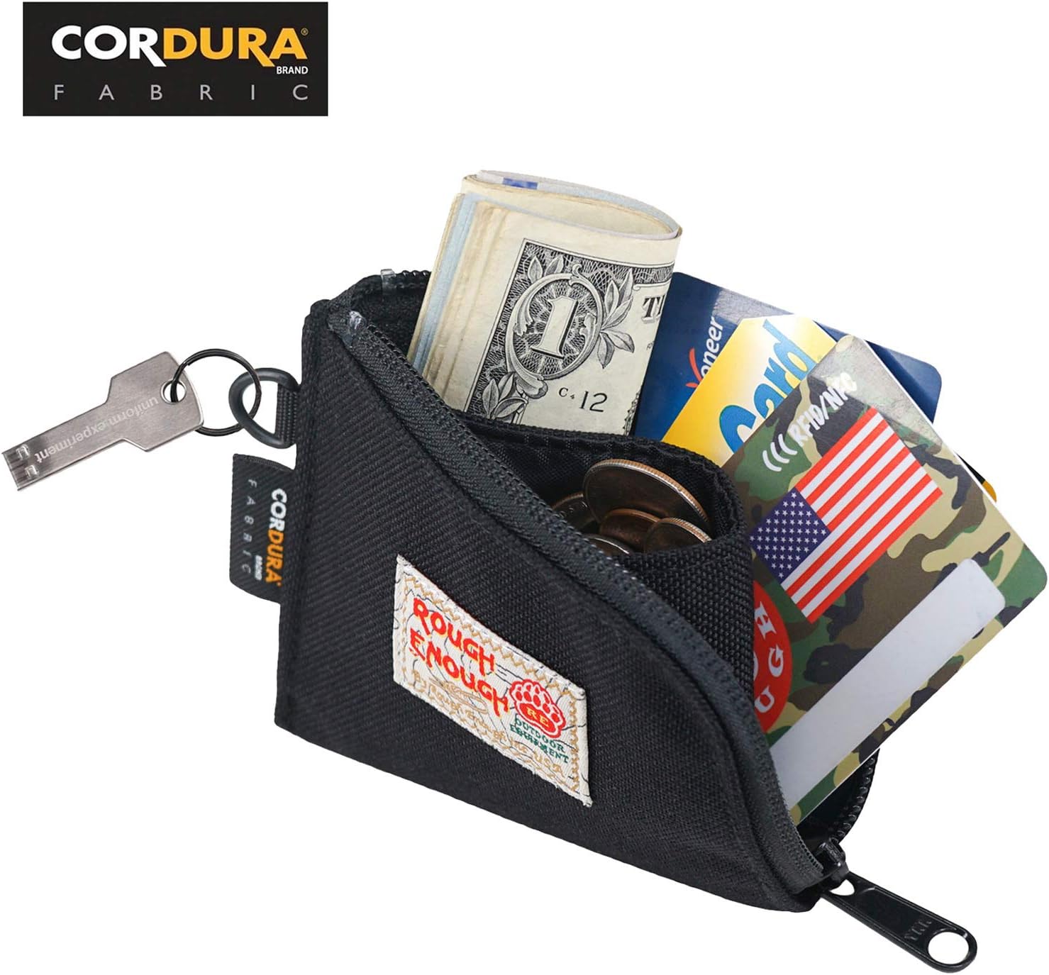Rough Enough Cordura Polyester Small Mini M¨¹nze Bag Card Holder Coin Bag Wallet Purse Purse Minimalist for Boys Children Girls Black - Image 3