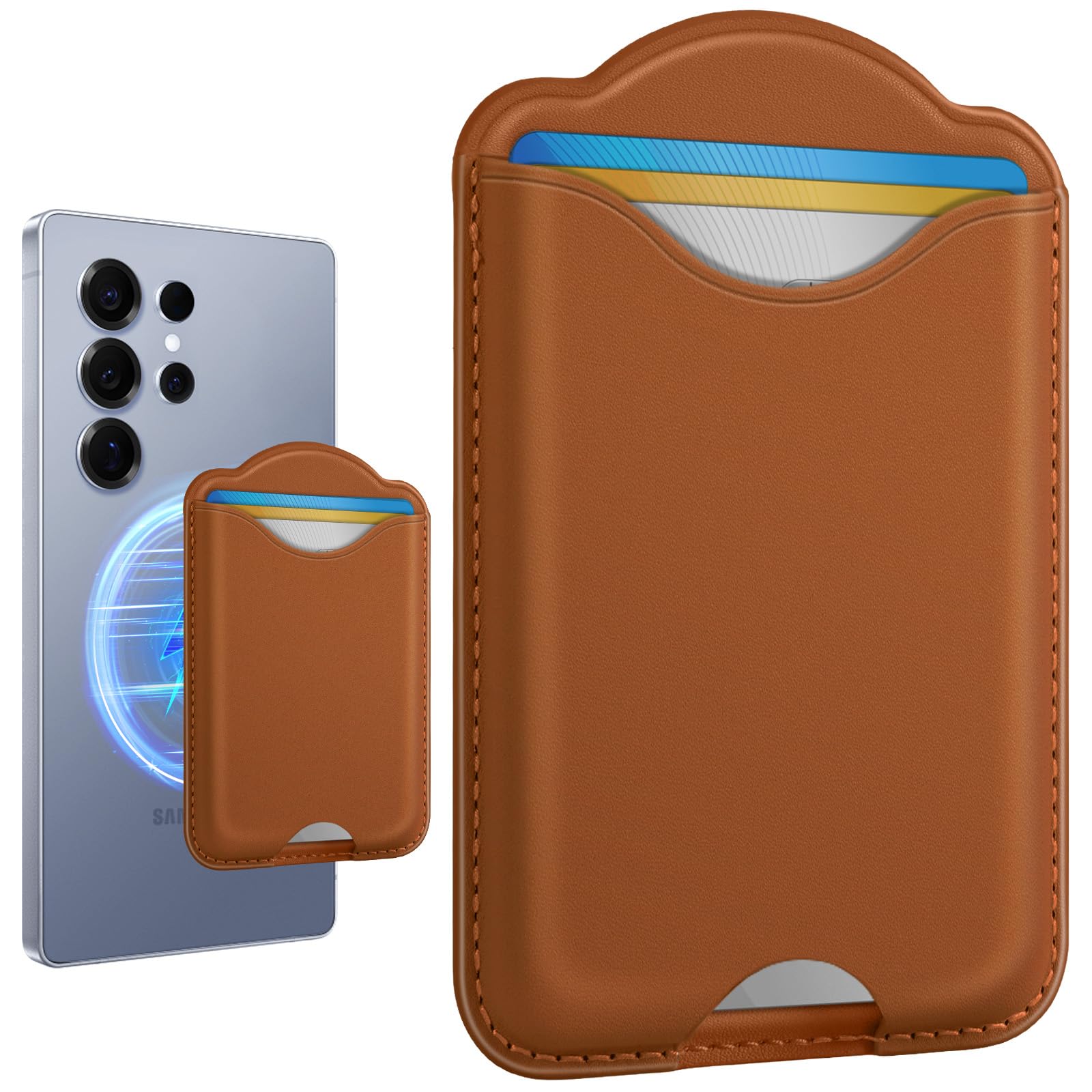Shorogyt Compatible with Magsafe Wallet Magnetic Card Holder - Phone Wallet for Samsung Galaxy S26/S25 Series, for iPhone 17/16/15/14/13/12 Series for Women Men for Mag RFID Magnet Fit 3 Cards, Brown