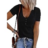 MEROKEETY Women's 2026 Summer Short Sleeve Tops Casual V Neck T Shirts Ribbed Knit Henley Button Basic Blouse