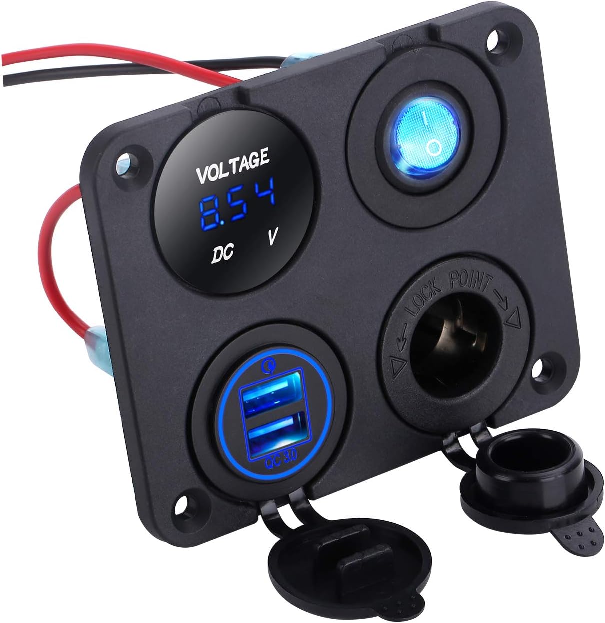 YONHAN 4 in 1 USB Charger Socket Panel, QC 3.0 12V USB Outlet + Cigarette Lighter Socket + ON/Off Switch + LED Voltmeter for Car Boat Marine Scooter RV Vehicles Truck, etc
