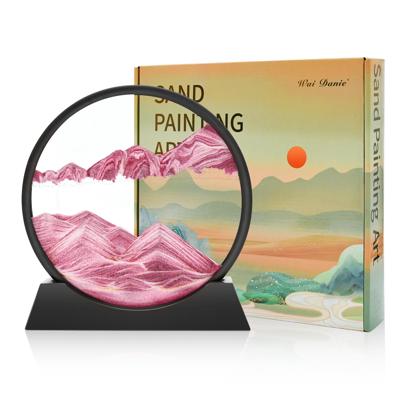 Wai Danie Moving Sand Art Picture 3D Hourglass Deep Sea Sandscape Liquid Motion Display Painting Flowing Sand Frame Relaxing Desktop Home Office Work Decor (Pink, 12")