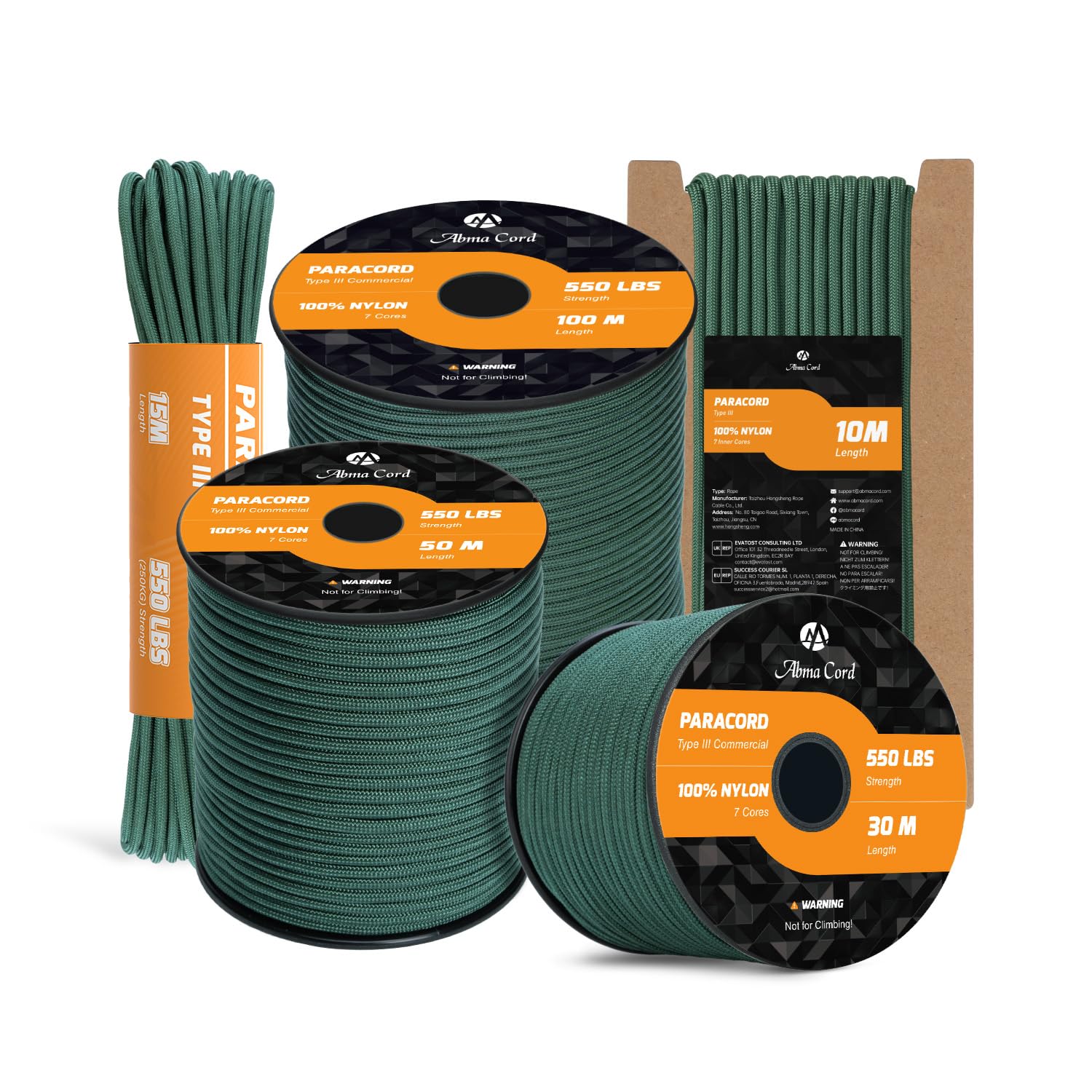 Abma Cord Paracord 550 4mm 15m 100% Nylon Rope Type III 7 Strands Parachute Cord for DIY, Camping, Survival, Outdoor - Max. 250kg - Dark Green