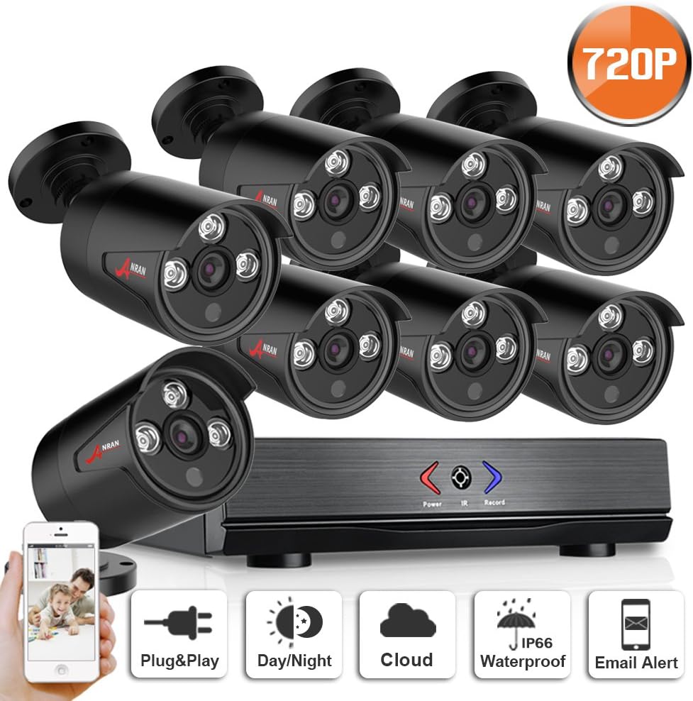 720P AHD Home Security Cameras System 8 Channel 8x HD 1.0MP waterproof Night vision Indoor Outdoor CCTV surveillance Camera, Quick Remote Access Setup Free App No Hard Drive SWINWAY ANRAN