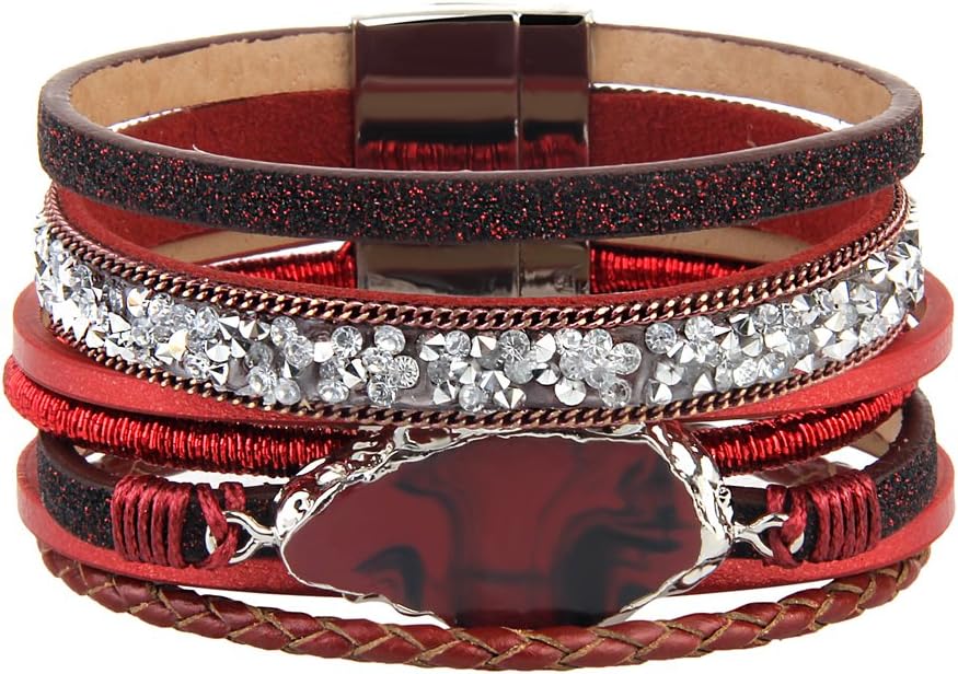 JAOYU Red Leather Bracelet with Crystals Wrap Bracelets for Women Braided Handmade Jewelry Teen Girls Gifts