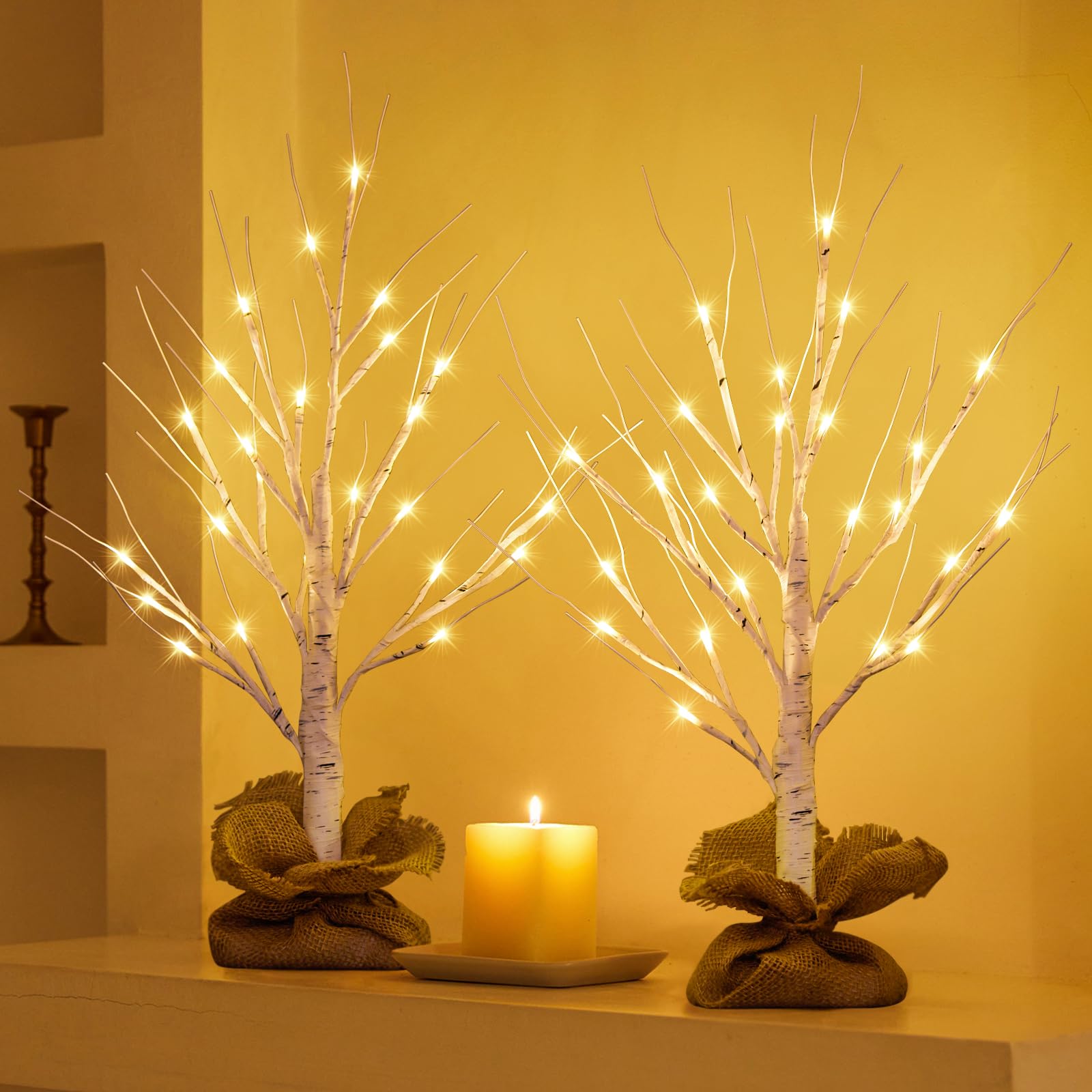 Photo 1 of HOLILLUMA Lighted Birch Tree Christmas Decorations, 2Pack 2FT USB Rechargeable Tabletop Tree with LED Lights, Pre-Lit Artificial Mini Money Trees for Home Centerpiece Fireplace Party Decor(Timer)