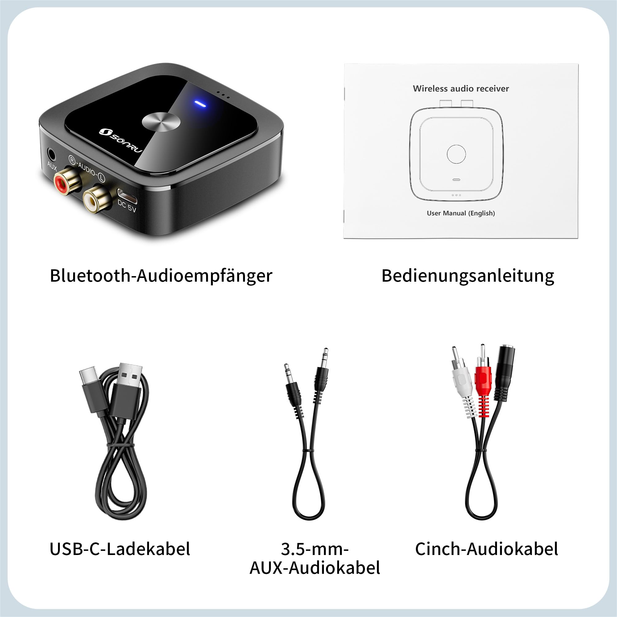 SONRU Bluetooth 6.0 Adapter Empfänger Klinke, Aux Bluetooth Receiver Audio Adapter Stereo mit 3 5mm Klinke und RCA Kabel für Stereoanlage Lautsprecher, Autoradio, Verstärker 7