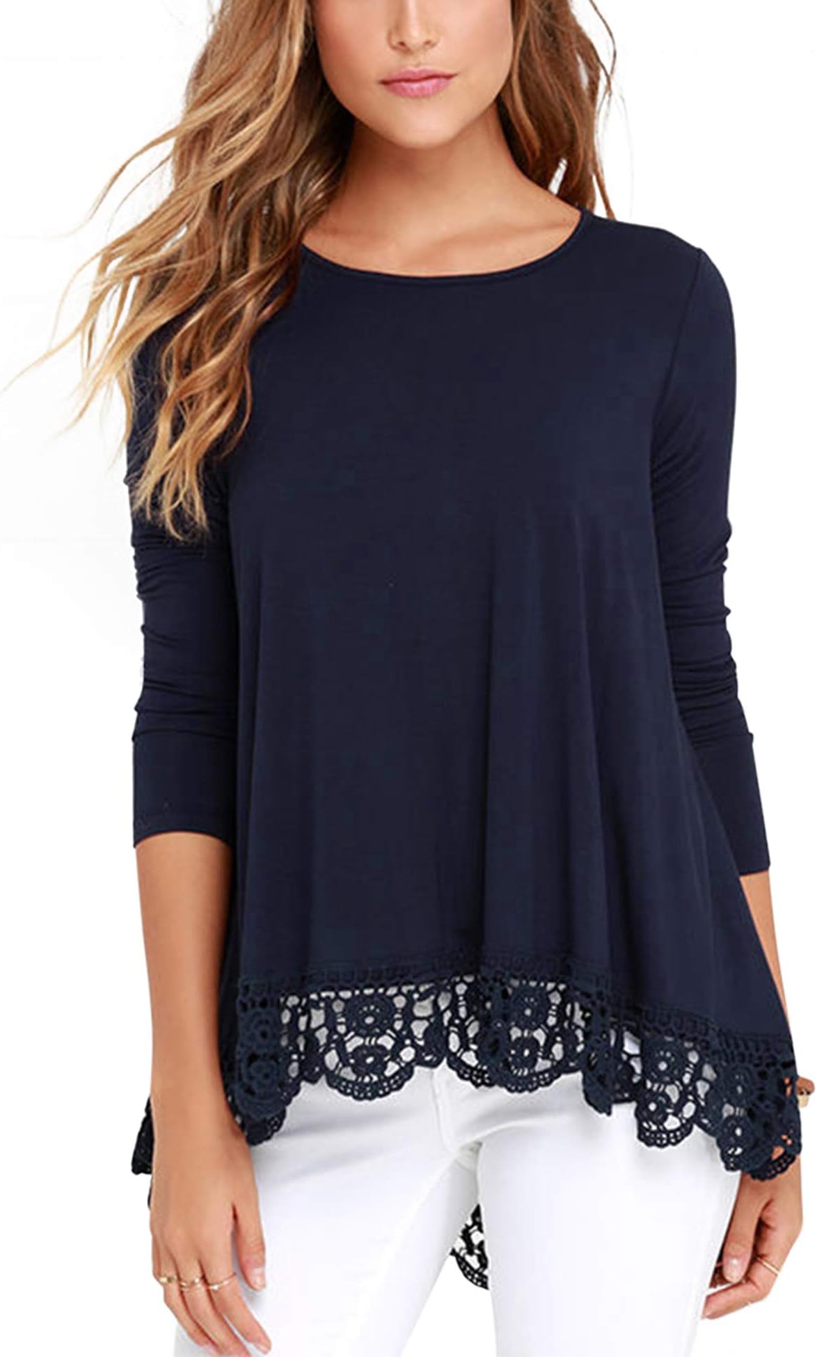 Women's Tops Long Sleeve Lace Trim O-Neck A-Line Tunic Blouse Tops for Women