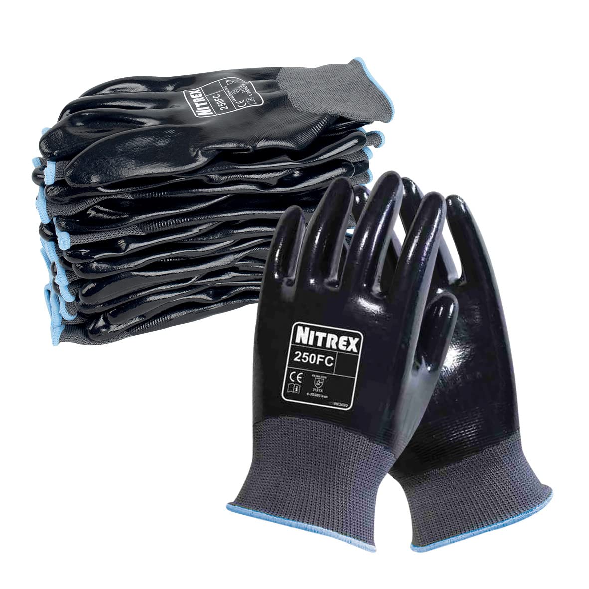 Nitrex 250FC Work Gloves - General Handling Safety Gloves - Resistant to Abrasions, Cuts, Tears, and Punctures - Full Nitrile Coating for Mechanical and Industrial Protection - 10 Pairs - Size 10