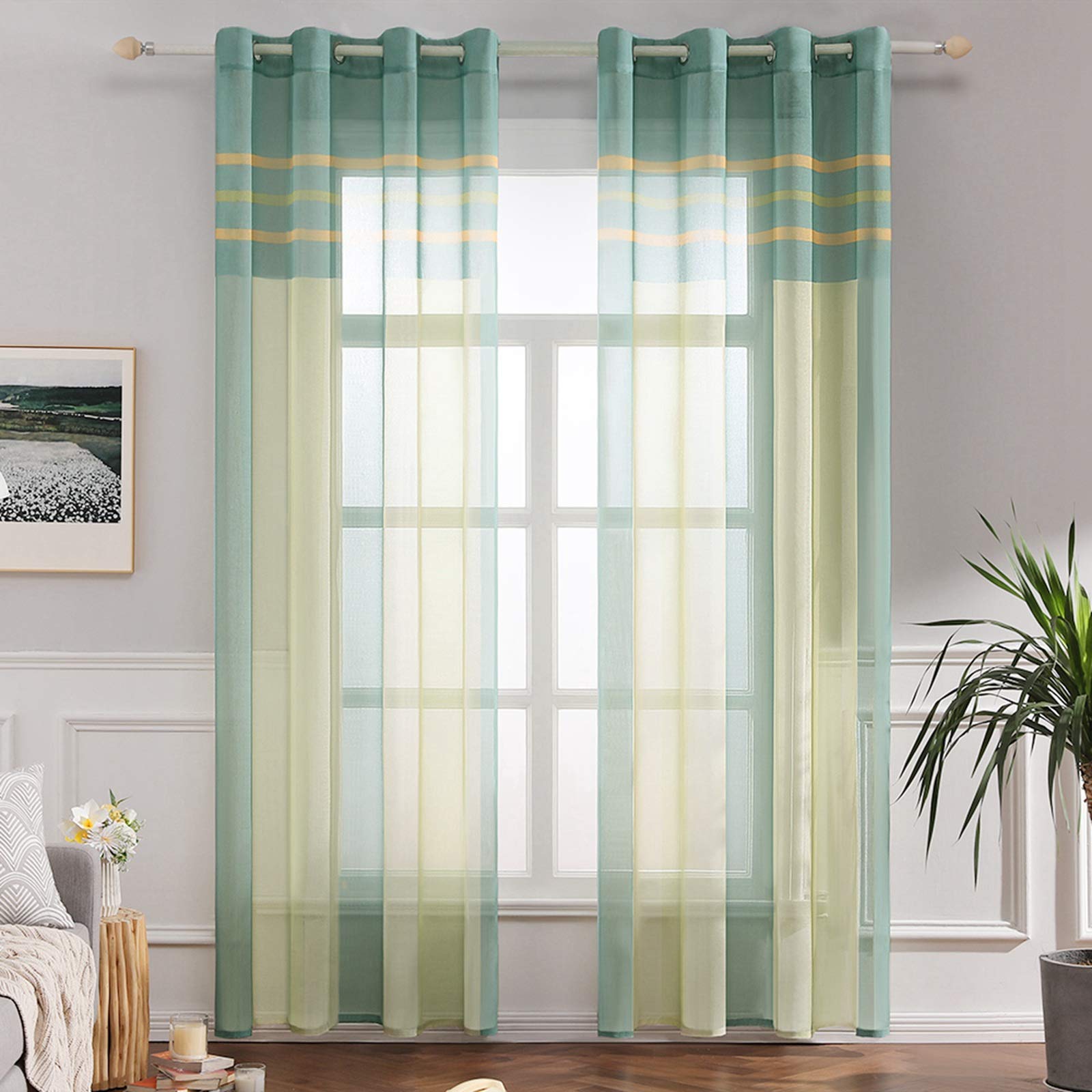 MIULEE 2 Panel Contemporary Decorative Ring Top Eyelet Voile Curtains Elegance Pinstripe Sheer Panels for Bedroom Livingroom Nursery Room 55" wide x 102" Drop (140cm x 260cm) Green+Yellow
