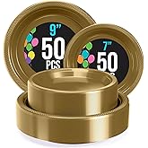 Party Solids Gold Plastic Plates For Party Supplies, Gold Disposable Plates 100 Pieces - 50-7" & 50-9" Heavy Duty 350 GSM Disposable Dinnerware Sets, Plastic Dinnerware Sets