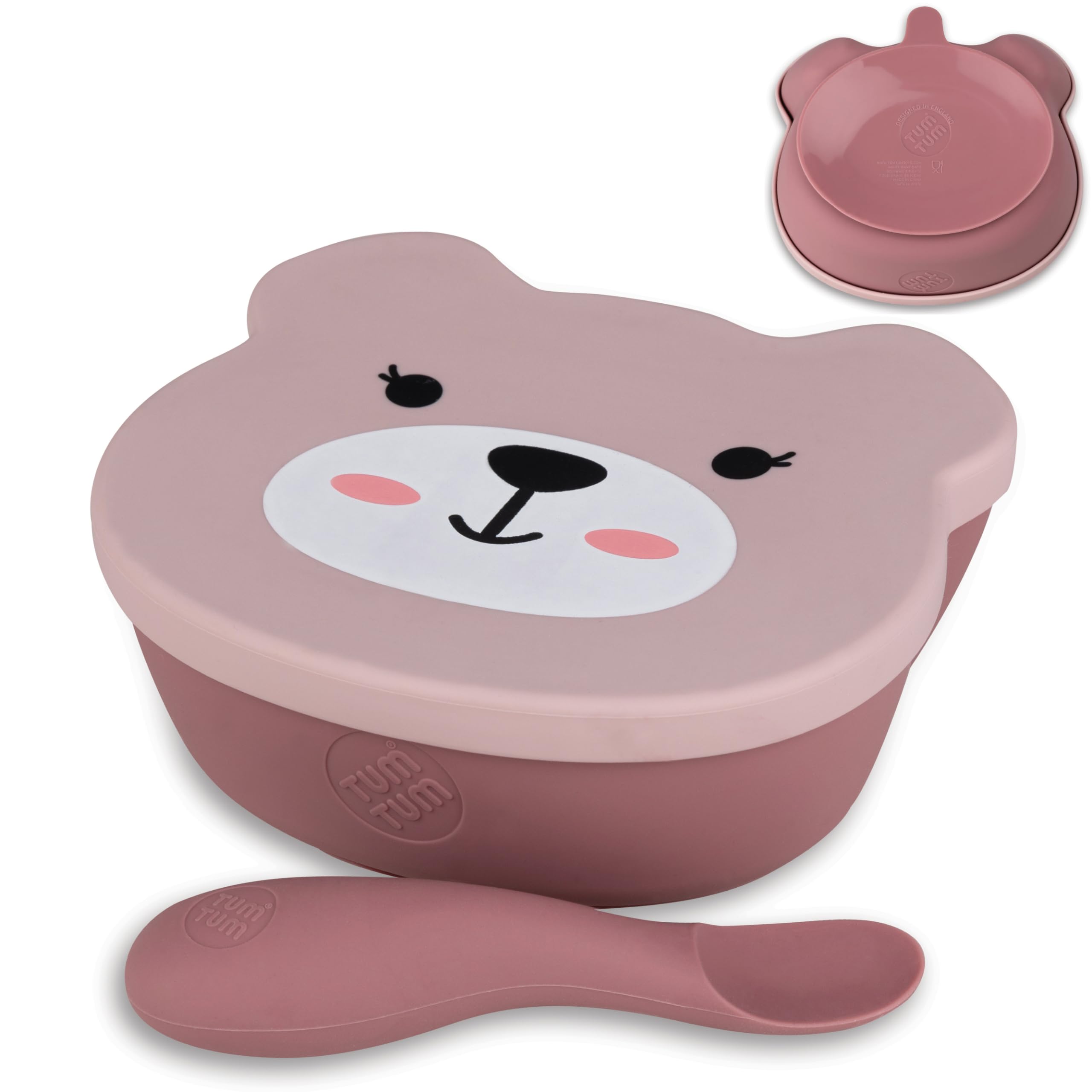 TUM TUM Stay Put Baby Bowl for Weaning, Baby Suction Bowl with Lid & Spoon, for Babies & Toddlers 6 Months+, BPA Free Weaning Set for Babies, Microwave/Dishwasher/Freezer Safe, Betsy Bear, Pink
