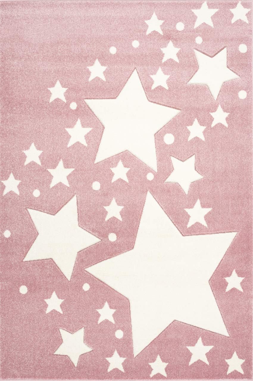 High Quality Children's Rug Baby Rug with Stars Dots in Pink White, size 100 x 150 cm