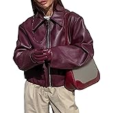 VOIKERDR Burgundy Leather Jacket Zip Up Jacket for Women Trendy Motorcycle Winter Coat Outerwear