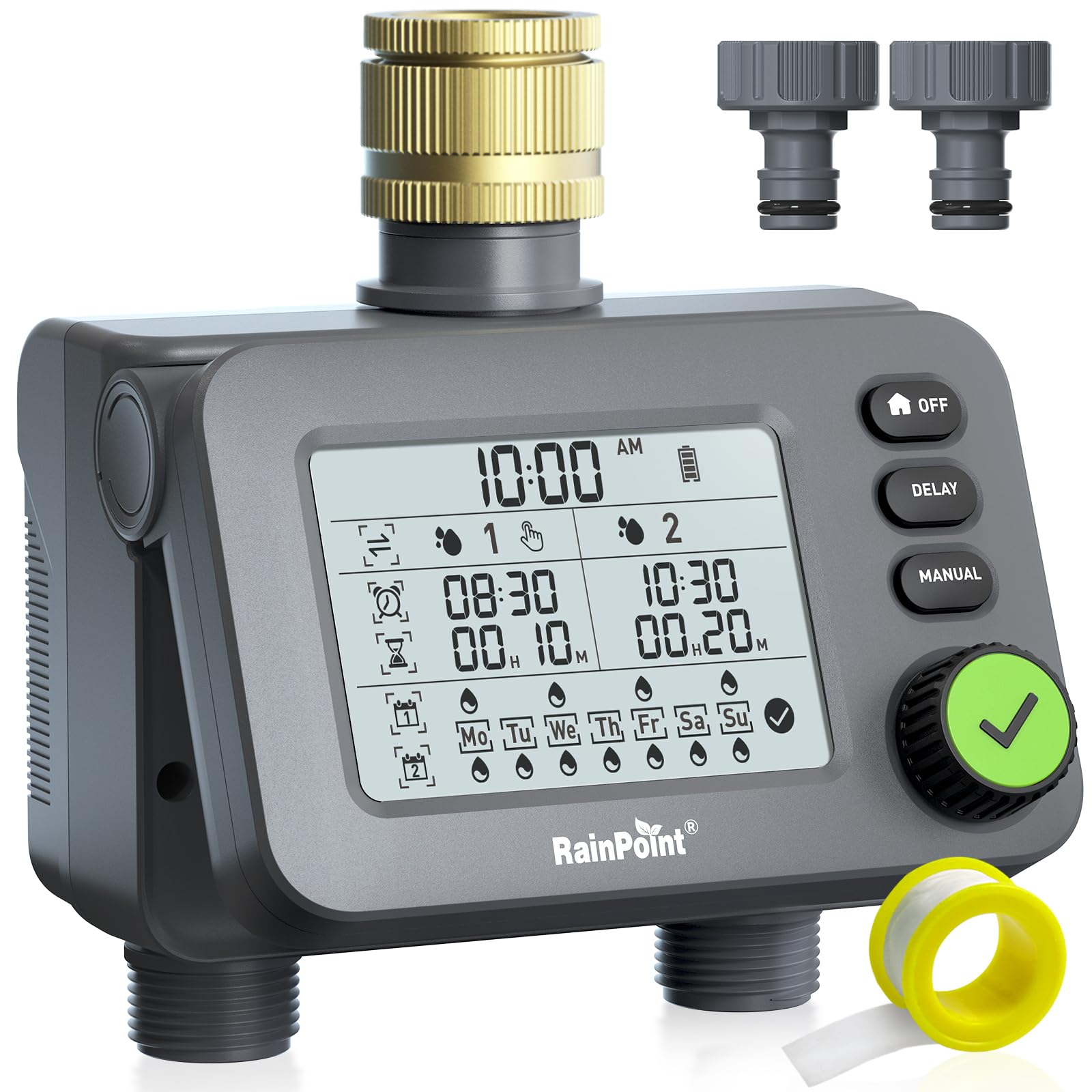RAINPOINT Water Timer 2 Outlets with Brass Inlet, Programmable Irrigation Timer with Rain Delay, Manual, Automatic Waterproof Digital Watering System