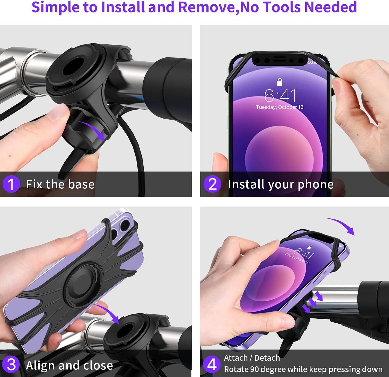 Bike Phone Mount, VUP [Detachable] Silicone Phone Holder for Bicycle, 360° Rotatable, Universal Motorcycle Phone Mount for iPhone 12, 12 Pro, Mini, 12 Pro Max, Fit for 4.0-6.7 inch Cellphones