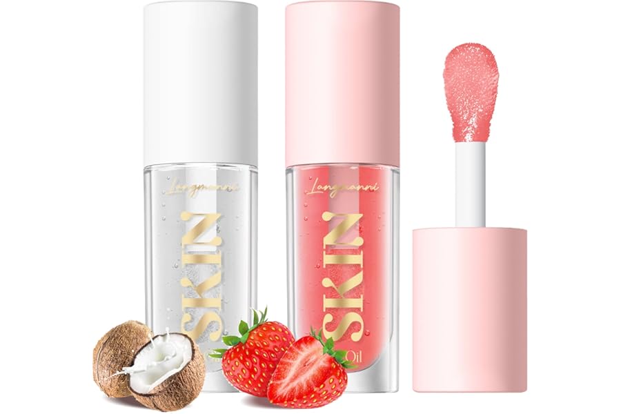 LANGMANNI Lip Oil,No-Sticky Gloss Lip Balm Lip Care,Fruit Flavoured Lip Oil For Dry Lip’s Moisturizing Hydrating And Nourishing (Strawberry+Coco)