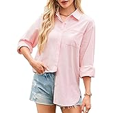 Doreyi Womens Linen Button Down Shirts Fall Winter Long Sleeve Tops Loose Collared Blouses,Pink,Small