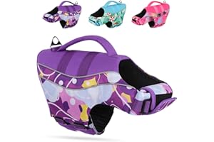 Gorsbark Dog Life Jacket, Ripstop Reflective Dog Swimsuit Preserver for Beach Boating, Dog Flotation Vest with Rescue Handle for Small Medium and Large Dogs, Purple, L