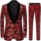 CARFFIV Men Fashionable Floral Pattern Sequins Two Pieces Set Suits